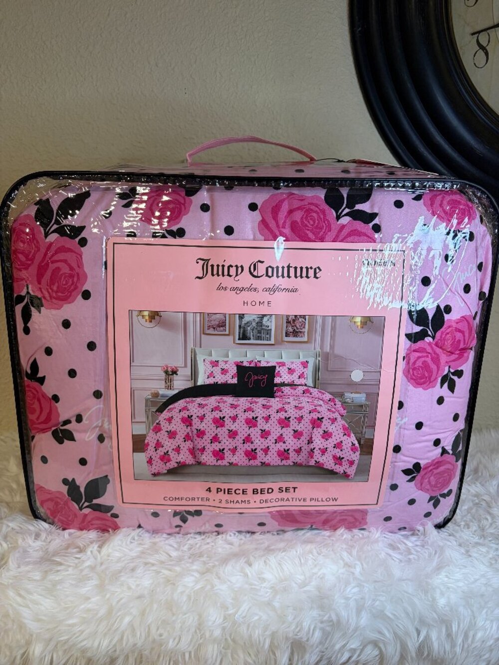 Juicy Couture Pink Rose Polka Dot 4 Pc Full/Queen Comforter Set NWT